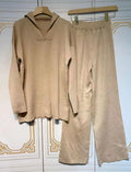 Casual Autumn Loose Knit Sweater Set Fashion Zip Lapel Long Sleeve Pullover Sweater & Straight Pants Two-piece Set Khaki