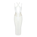Women Mid-length Dress Cross Hollow Design Sleeveless Halter Neck Draped Mesh Stitching Bandage WHITE