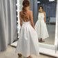 Prosta satynowa sukienka ślubna bez pleców bez rękawów suknie ślubne z kieszonkową plażową kostką szatą de Mariee Custom Made