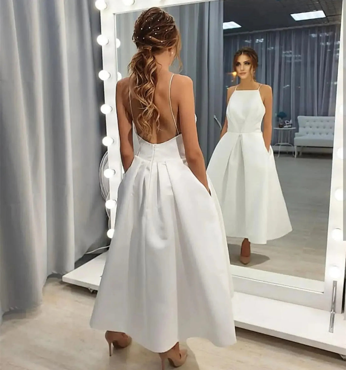 Simple Satin Wedding Dress Backless Sleeveless Bridal Gowns With Pocket Beach Ankle Length Robe De Mariee Custom Made Ivory 20w