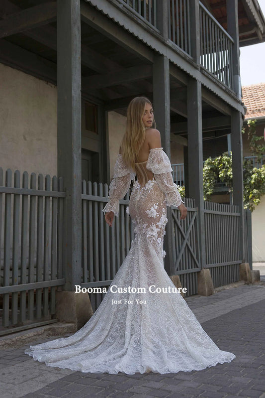 Sweetheart Lace Mermaid Wedding Dresses Detachable Sleeves Flowers Trumpet Bridal Gowns Backless Long Bride Dresses