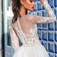 Illusion Scoop Neck Beaded Applique Lace Crystal Belt Tulle A-line Wedding Dress Long Sleeve vestidos de novia 2021 Wedding Gown