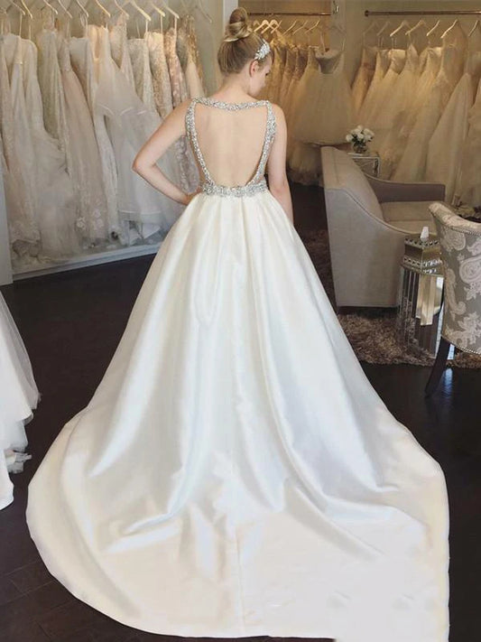 Gaun Perkahwinan Satin Tanpa Lengan Sexy V-Neck Back Back Beading Dengan Gaun Pengantin Tali Putih Bola Gaun Gaun Perkahwinan
