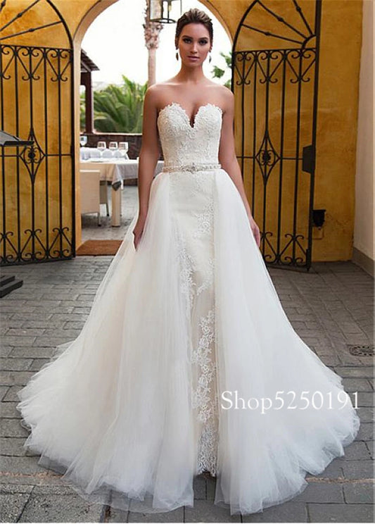 Fascinating Tulle Sweetheart Neckline 2 In 1 Mermaid Wedding Dress with Detachable Skirt Beading Belt Two Pieces Bridal Gowns