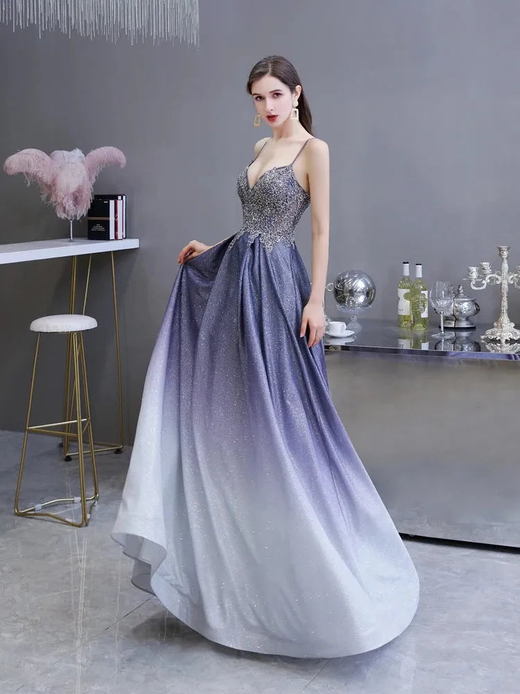 Evening Dresses Purple Gradient Lace Applique Rhinestone A Line Spaghetti Strap Long Party Prom Gowns PURPLE Floor Length