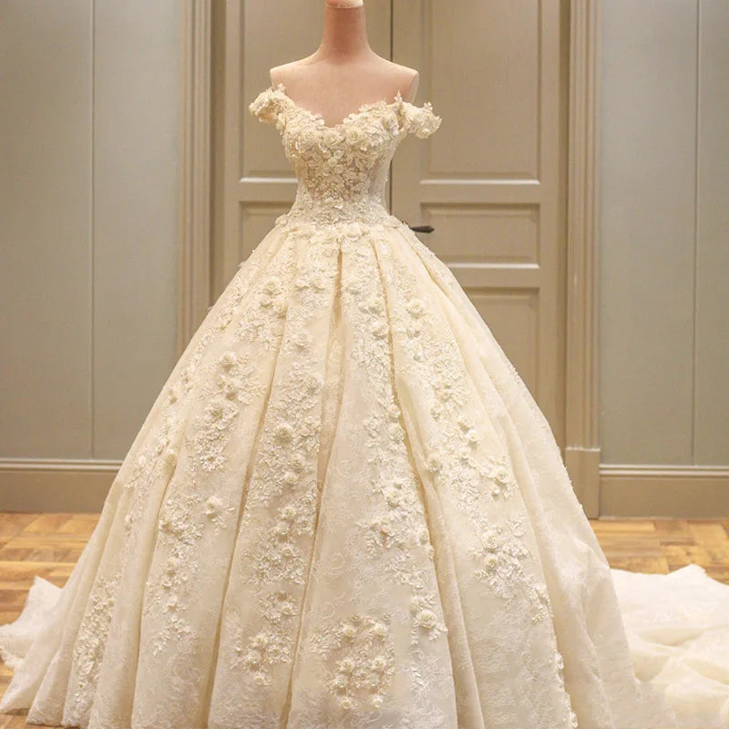 Robe De mariée De luxe en dentelle douce, Robe De bal à fleurs, épaules dénudées, avec traîne, 1.3m