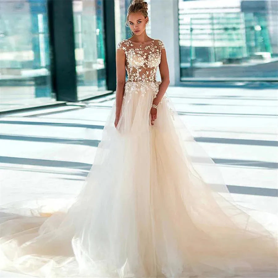 Beautiful Sheer Lace Appliques Wedding Dresses Soft Tulle Bridal Gowns Illusion V-Shape Back Wedding Dress Champagne