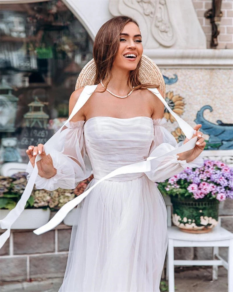 Short Beach Princess Bride Dresses Off shoulder Full Sleeve Boat Neck Simple Cheap Mid-Calf Tulle Wedding Bridel Gowns