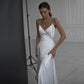 Simple A Line Satin Wedding Dress V Neckline Spaghetti Straps Bridal Gown Sexy High Split Backless Vestido De Novia Custom Made