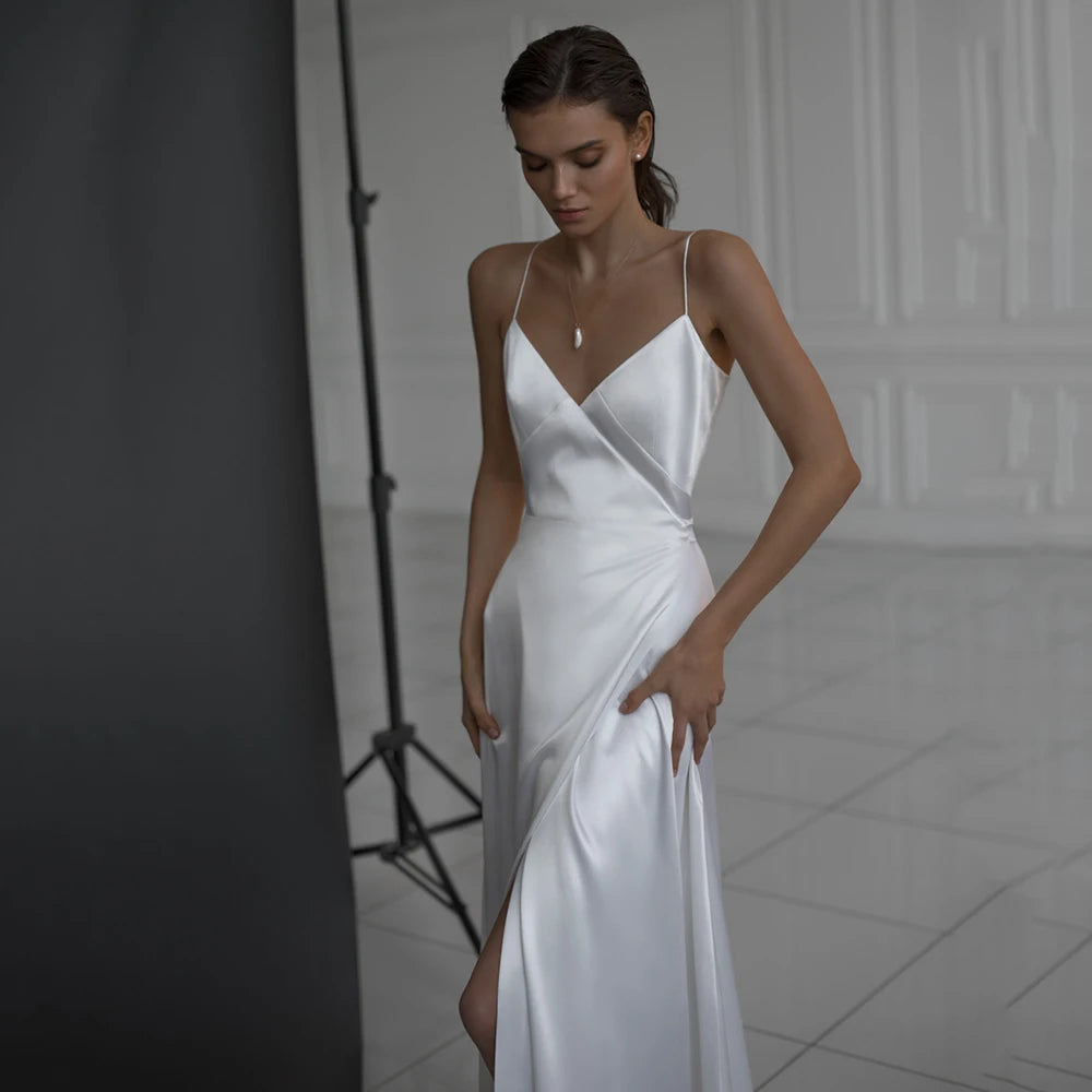 Simple A Line Satin Wedding Dress V Neckline Spaghetti Straps Bridal Gown Sexy High Split Backless Vestido De Novia Custom Made