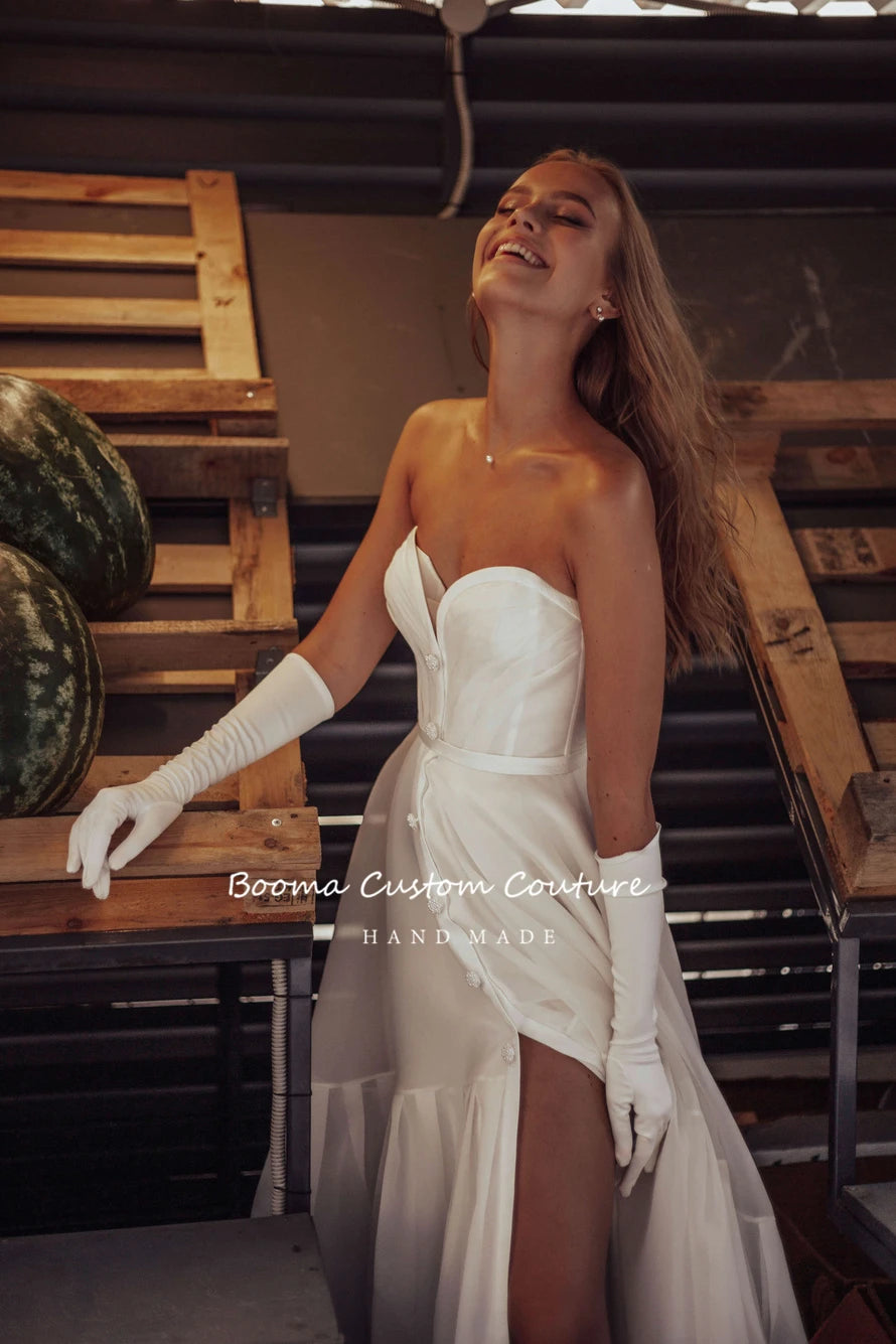 Gaun pengantin sifon rendah sederhana gading kekasih gaun pengantin pendek celah depan buka kembali gaun pengantin a-line belakang