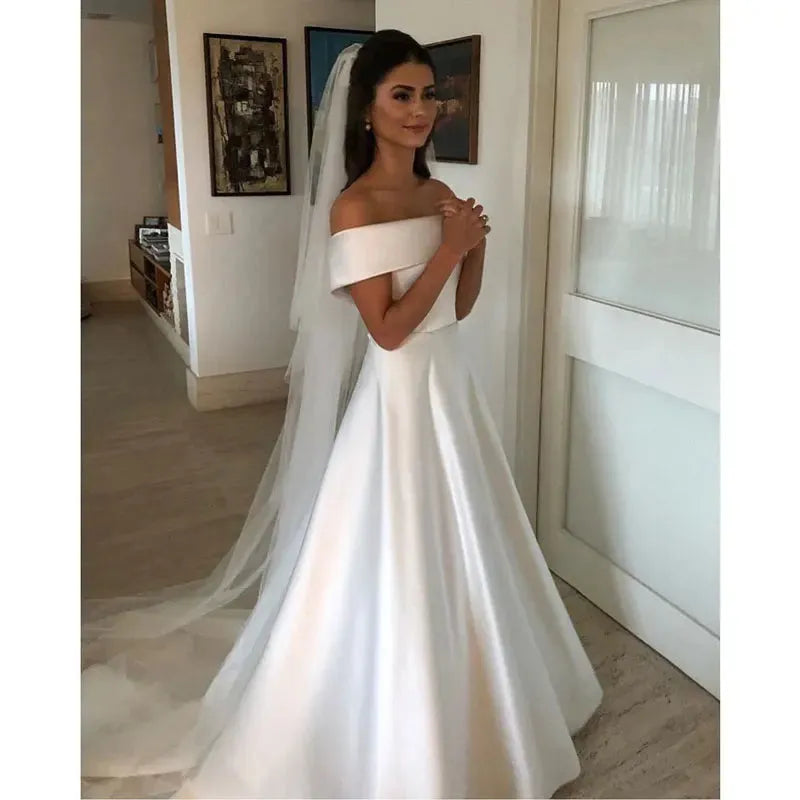 Vestido De Novia Wedding Dresses Satin Off The Shoulder Longue Robe De Soiree Simple Bride To Be платье Vestidos De Fiesta Ivory white