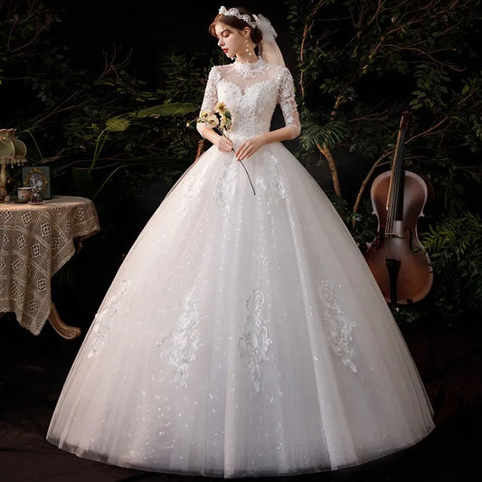 Wedding Dress Noble Three Quarter Sleeve Bridal Dress Elegant High Neck Ball Gown Princess Vestido De Noiva Plus Customize