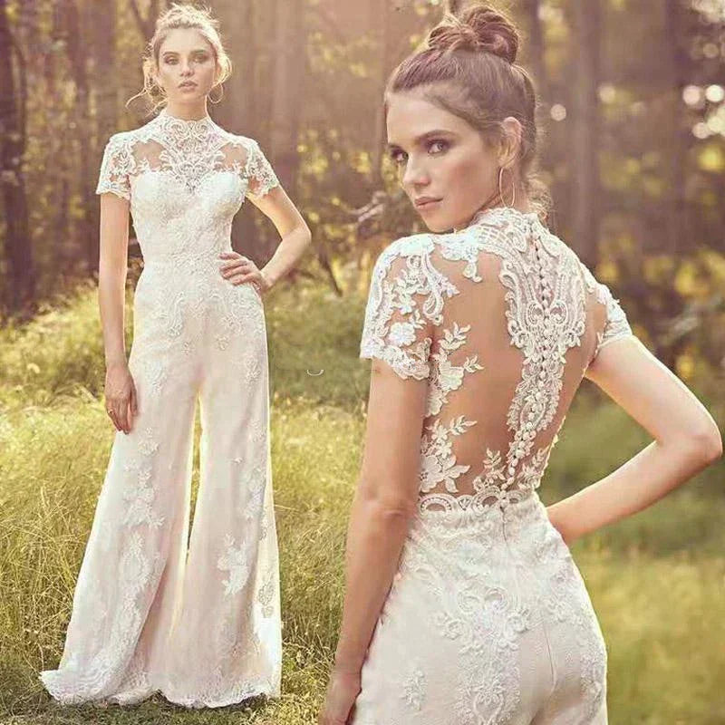 Elegant Jumpsuit Wedding Dresses For Women Lace Applique Short Sleeve O-Neck Vestidos De Novia Illusion Back Bridal Gowns