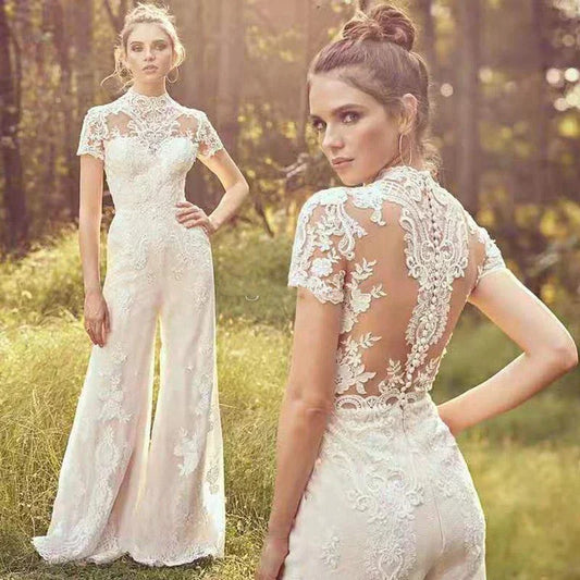 Gaun pengantin jumpsuit elegan untuk wanita renda applique lengan pendek o-neck vestidos de novia ilusi kembali gaun pengantin