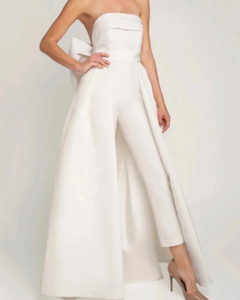 Luxury Pantsuits Strapless Wedding Dress Bow Detachable Train Sleeveless Satin Bridal Gown Vestidos De Soiree