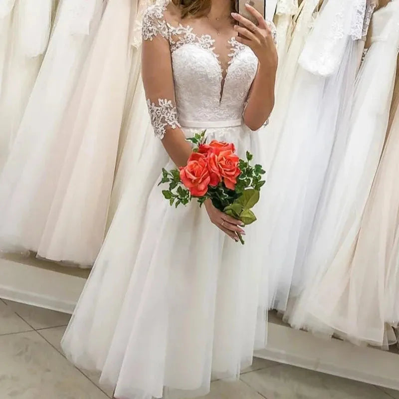 Short Wedding Dress 3/4 Sleeve Princess A-Line Length Knee Lace Appliques Bridal Gown Robe De Mariee For Women 24w