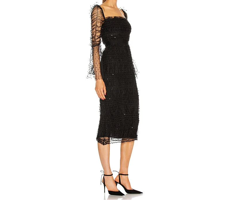 Dress Women Polka Dot Draped Mesh Sequined Mesh Long-sleeved Square Neck Halter Black Mid-length Bandage Midi Dress Gown
