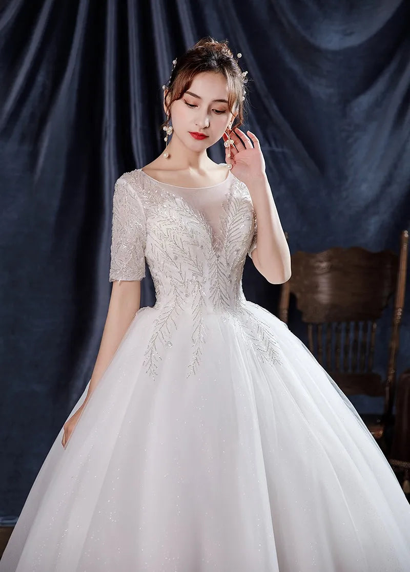 Hochzeitskleid Kurzarm klassische Pailletten Schnürung Ballkleid Prinzessin Luxus Vestido de Noiva Robe de Mariee
