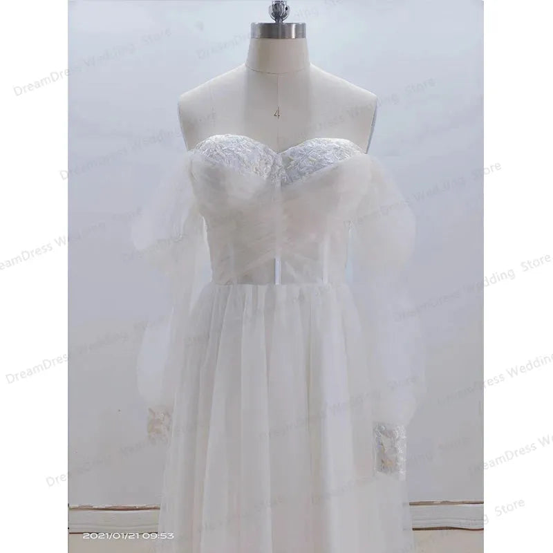 Short Champagne Wedding Dress Sweetheart Appliques Puff Sleeve A-Line Tulle Party Dress Ankle Length Robe De Fête For Women Ivory 20w
