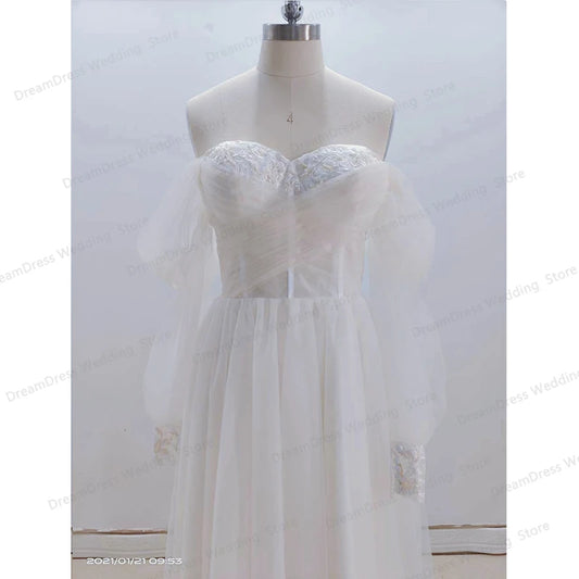 Kurzer Champagner Hochzeitskleid Schatz Appliken Puffärmel A-Line Tüll Partykleid Knöchel Länge Robe de F fête für Frauen