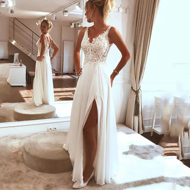 Beach Wedding Dress Side Split Top Lace Boho Bride Dress Sexy Appliques Wedding Gown Custom Made Vestidos De Novia 14w
