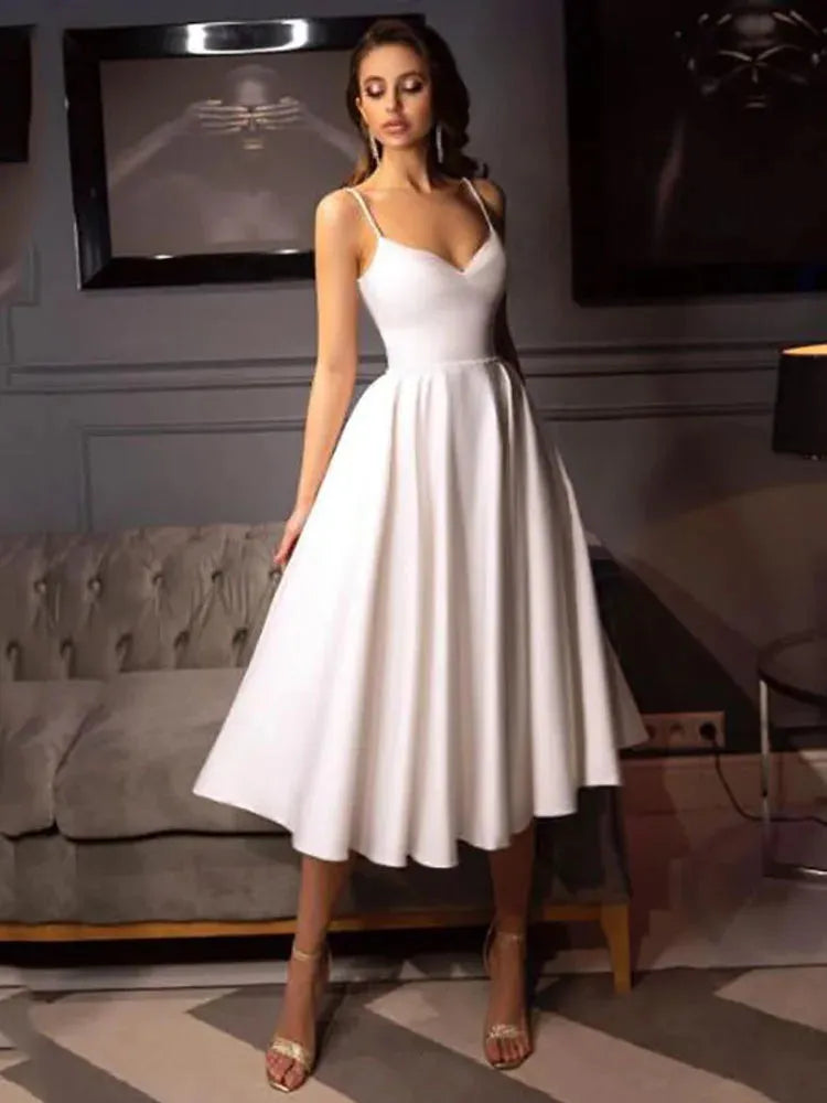 Slik Satin A Line Short Wedding Dresses Spaghetti Straps V Neck Bride Gowns Ankle Length Backless Wedding Gowns Ivory 22w Satin Short Wedding Dress