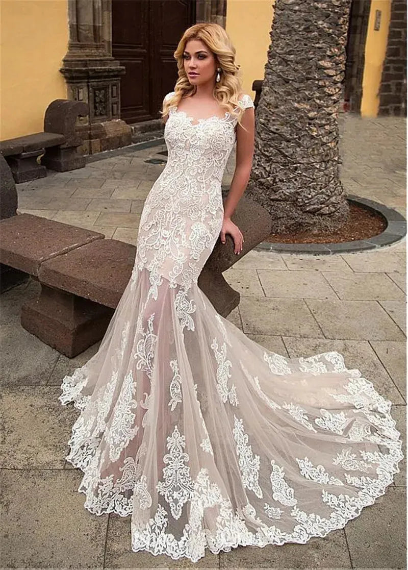 Fashionable Scoop Neck Short Sleeves Mermaid Slim Wedding Dresses Bridal Gowns Customize Robe De Novia Mariage Wedding Wear