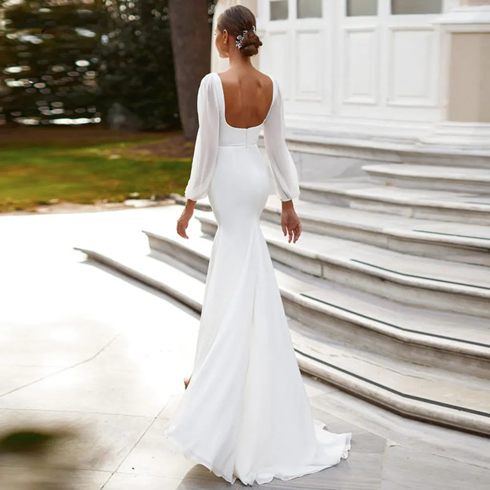 Gaun Pengantin Putri Duyung Sifon Sederhana Elegan Sisi Lengan Panjang Berpisah Pantai Putih Mariage Gowns Vestidos de Novia Custom Made