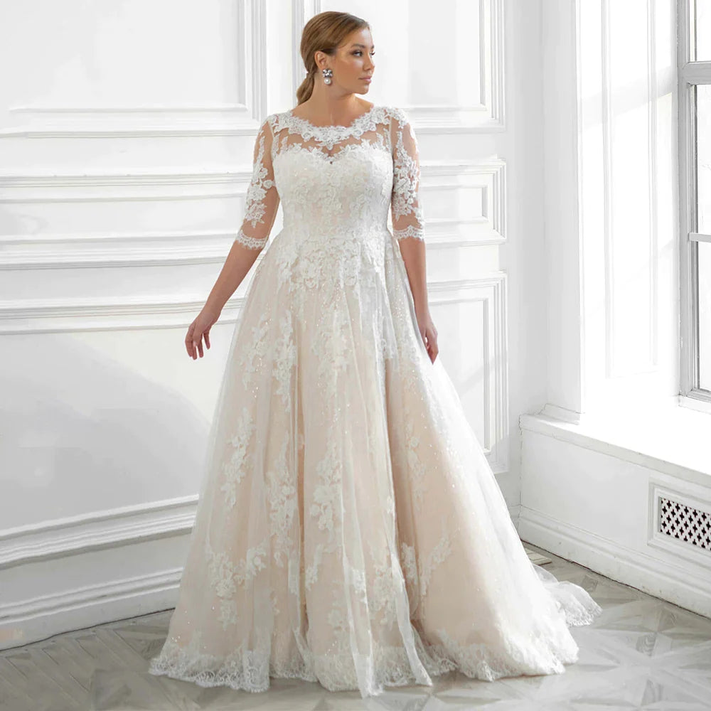 Classic Plus Size Wedding Dress Big Women's Bridal Dresses Scoop Half Sleeves Applique Glitter Tulle A-Line Gowns