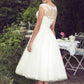 Vintage koronkowa krótka sukienka ślubna długość herbaty Sheer tylna czapka plus size eleganckie ogrodowe sukienki ślubne ślubne