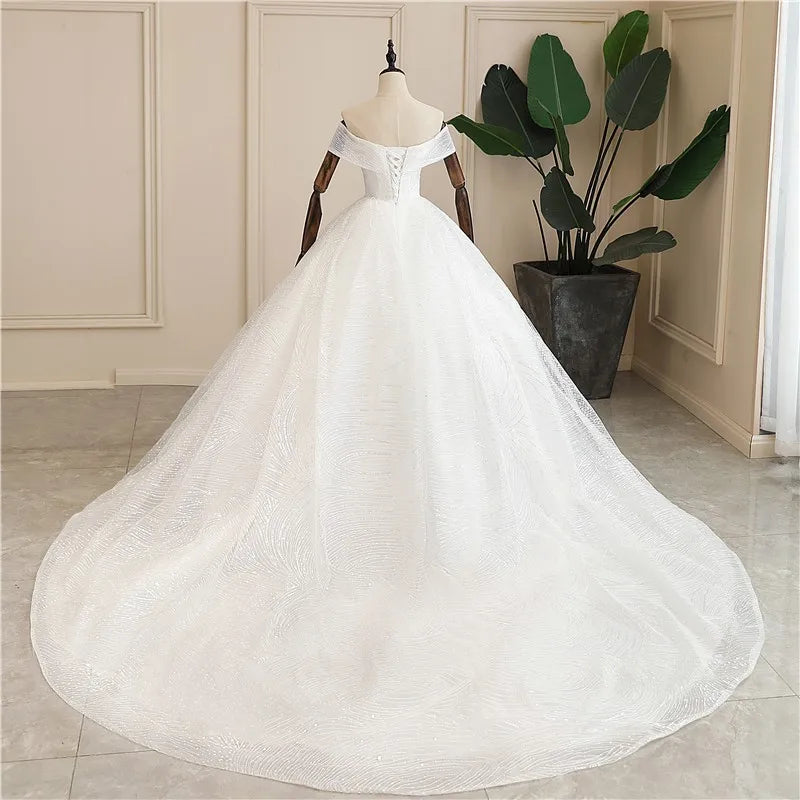 Robe De mariée De luxe à paillettes, col bateau classique, épaules dénudées, Robe De mariée personnalisée