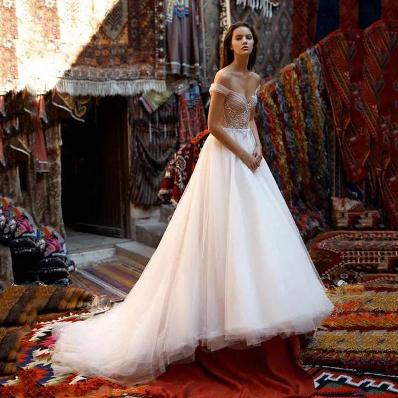 LoveDress Elegant Wedding dress A Line Sequins Lace Applique Off The Shoulder Bridal Dress Tulle Wedding Gowns Vestidos De Novia 14w