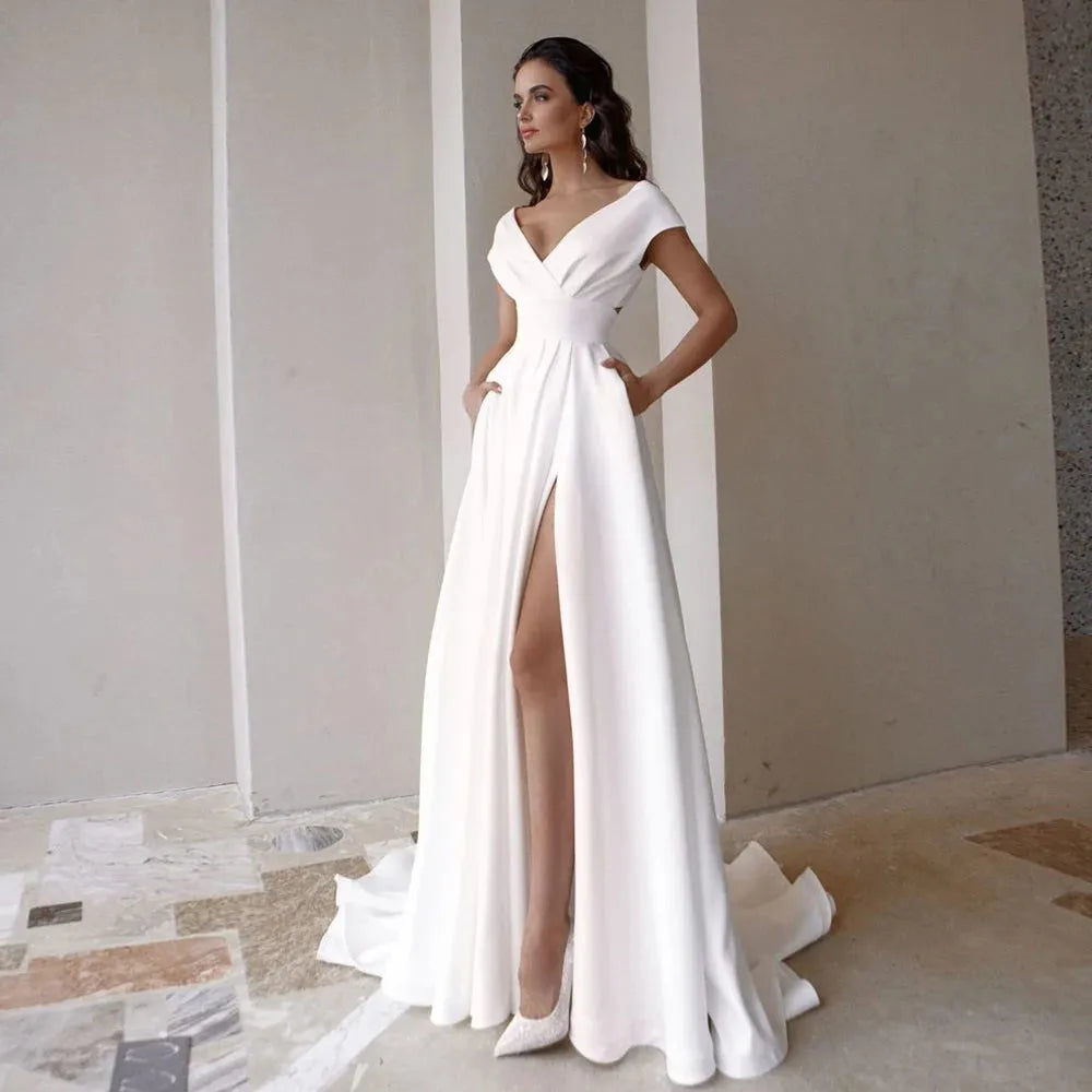 Sexy Satin V-Neck Wedding Dress A-line Sleeveless Backless High Slit Tank Vestido De Noiva Sweep Train Bride Gown For Women 14w