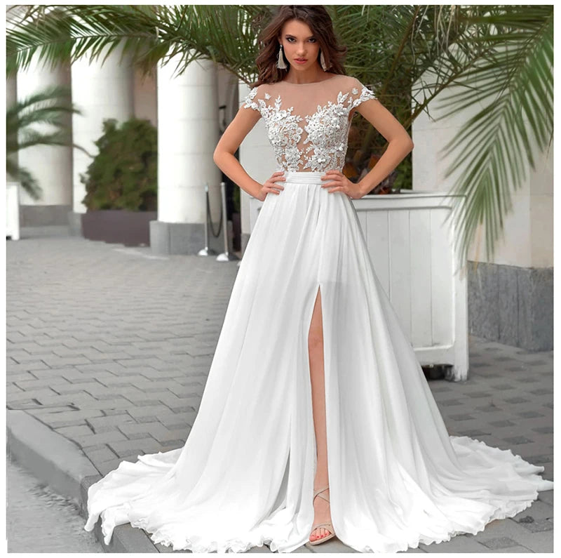 Lengan pendek pakaian perkahwinan pakaian pantai pengantin gaun chiffon renda appliques gaun pengantin putih/gading butang romantis