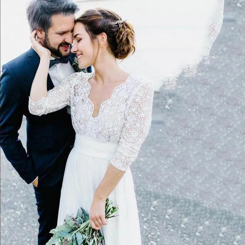 Elegant See Through V Neck Wedding Dress 3/4 Sleeve Backless Lace and Chiffon Bridal Dress Wedding Gowns Vestido De Noiva 14w