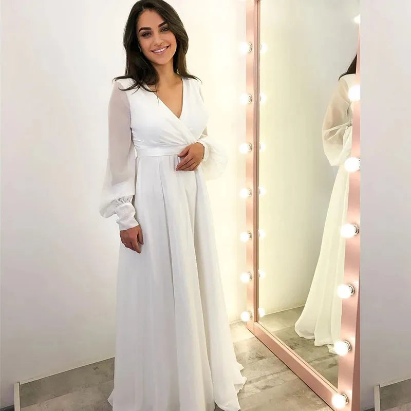Long V-Neck Wedding Dress Chiffon Simple Puff Floor Length Simple Elegant For Women Charming Robe De Mariee vestido 14w