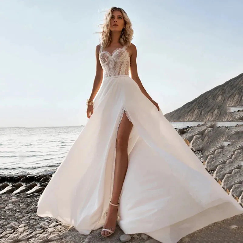 Boho Chiffon Wedding Dress Straps Sweetheart Necklace Bride Dress Boho Wedding Gown White Boho