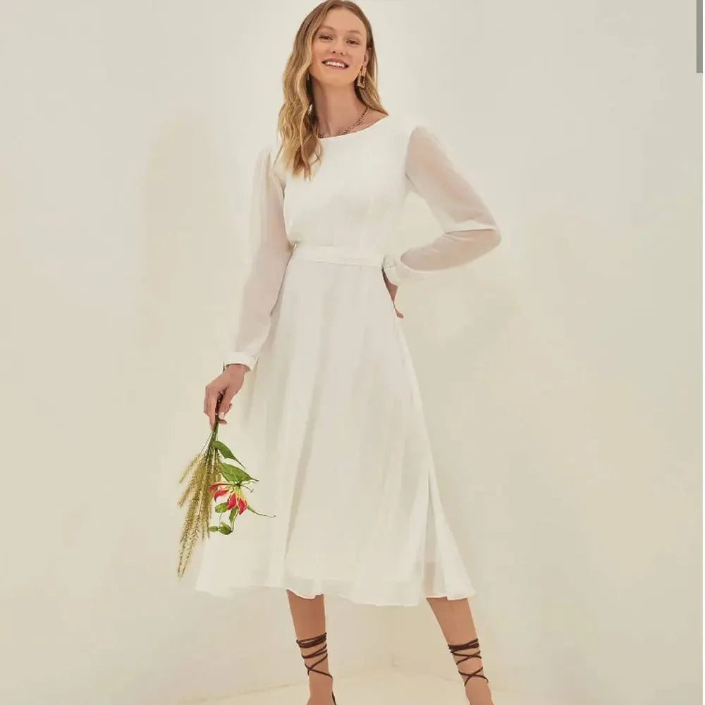 Simple Summer Short Wedding Dresses Long Sleeve Scoop Neck Beach Bridal Gown Sexy Backless With Ribbons Custom Made Plus Size 14w