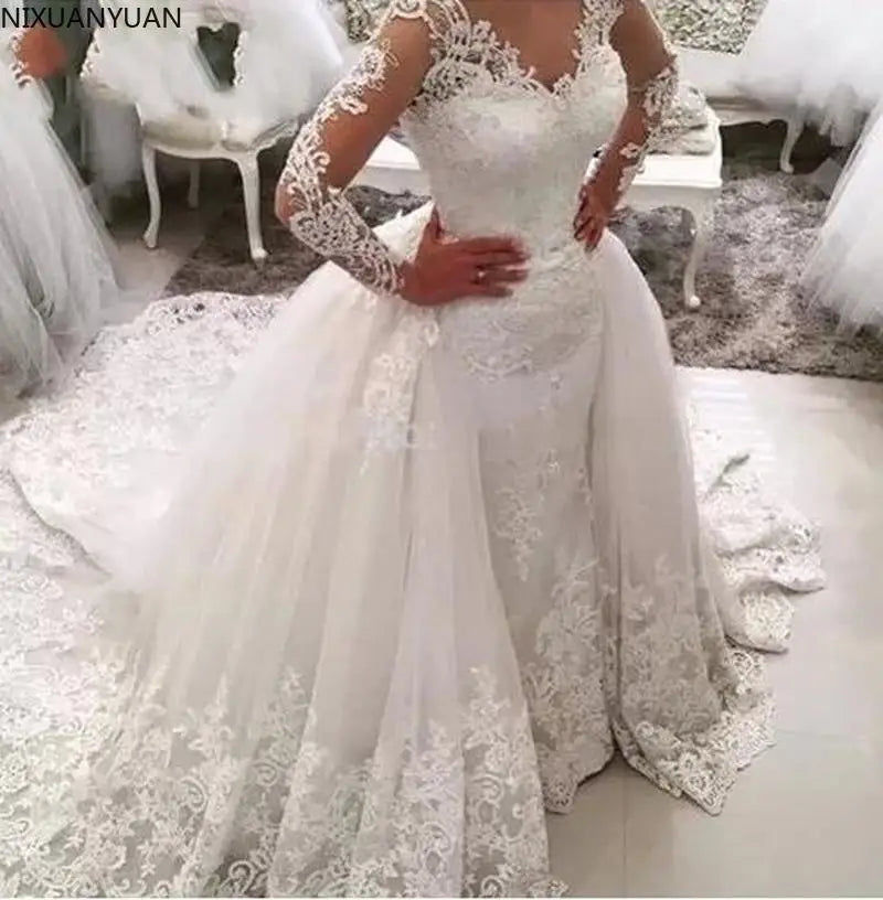 Vestido de Noiva Spitzen Meerjungfrau Hochzeitskleid mit abnehmbarem Rock Rückenfreier Langarm Brauthochzeitskleider