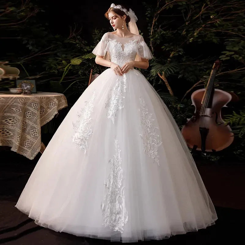 Wedding Dress Vestido De Noiva Classic Lace Beadings Ball Gown Elegant Flare Sleeve Princess Luxury Robe De Mariee