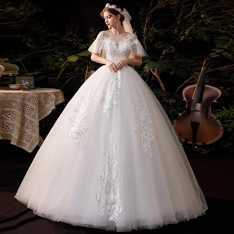 Pakaian Perkahwinan Baru Vestido de Noiva Klasik Lace Beadings Ball Gown Elegant Flare Sleeve Princess Luxury Robe de Mariee