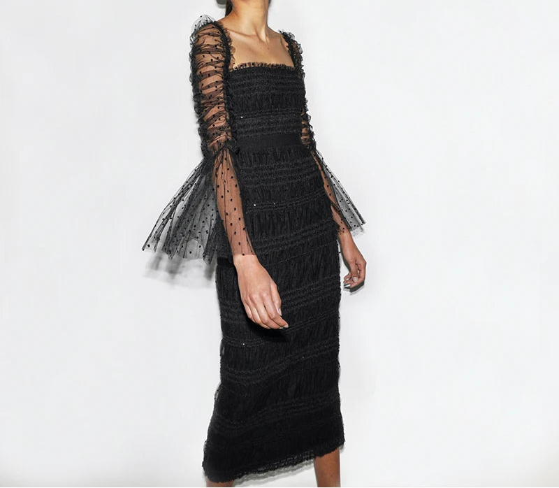 Dress Women Polka Dot Draped Mesh Sequined Mesh Long-sleeved Square Neck Halter Black Mid-length Bandage Midi Dress Gown