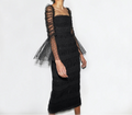 Dress Women Polka Dot Draped Mesh Sequined Mesh Long-sleeved Square Neck Halter Black Mid-length Bandage Midi Dress Gown