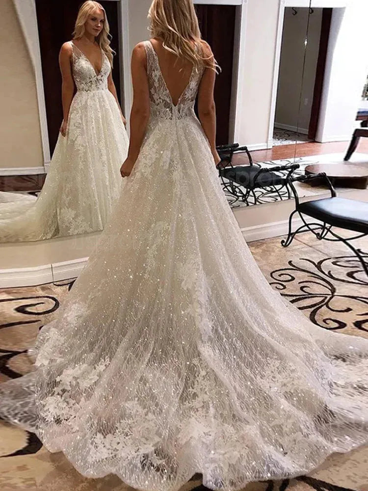 Ivory Lace Glitter Wedding Dresses Shiny Tulle Beach Bridal