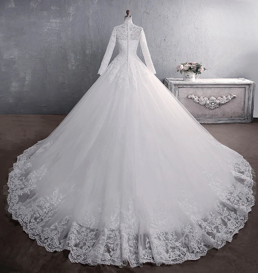 Abito da sposa musulmano elegante al collo alto con treno abito da sposa principessa abito da sposa di lussuoso pizzo vestido de noiva