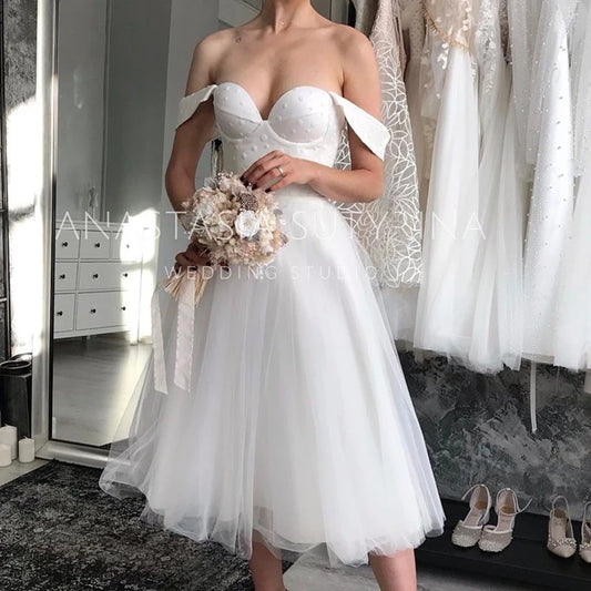 Abito da sposa corto Sweetheart Knee Lunghezza Bianco Organza Point Net Bridal Robe de Mariee Simple Beach Civil Satin