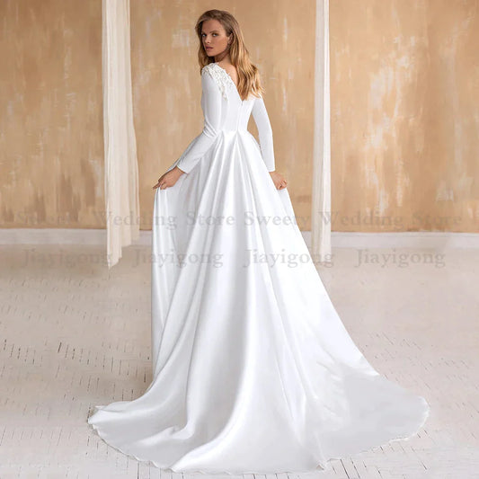 Arabisches Hochzeitskleid Langarmes Schaufel Nacken Einfache Brautkleider Eine Linie Sweep -Zug -Trikot -Ehe Muslim Braut Kleider