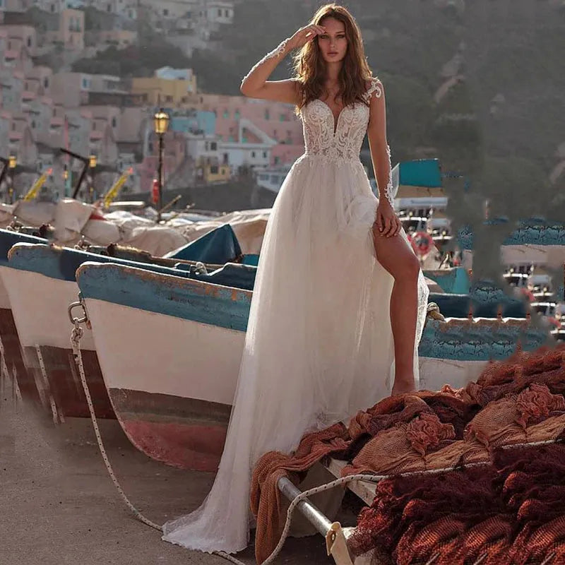 Sexy Side Split Beach Wedding Dress Boho A-Line Bridal Dress Long Sleeves Backless Bohemian Bridal Gowns vestidos de novia Ivory 14w