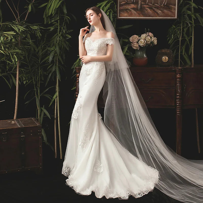 Suknie ślubne syreny luksusowy koronkowy szyja łódka Trąbowa sukienka klasyczna sukienka ślubna lekka sukienka ślubna vestido de noiva